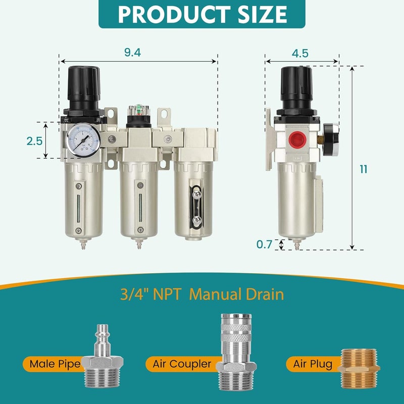 CAtArt 3/4" NPT Industrial Air Dryer for Compressor,3 Stage Air Compressor Water Separator System,Filter Oil Water Separator Dryer for Plasma Cutter and Paint Spray,Manual Drain - Image 2